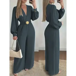 Women’s casual loose-fit jumpsuit with a cinched waist, V-neck, bubble sleeves, and wide-leg pants; ruched belted design, suitable for autumn and winter, ideal for home, indoor, and outdoor wear.