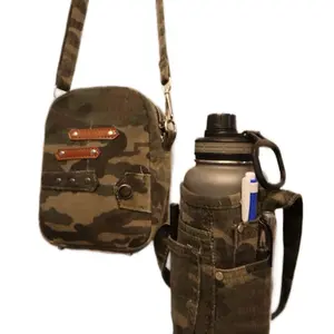 Matching set of green  recycled denim crossbody bags, bucket hats and bottle holders / Trendy handmade upcycled bags, bucket hats and bottle holders.