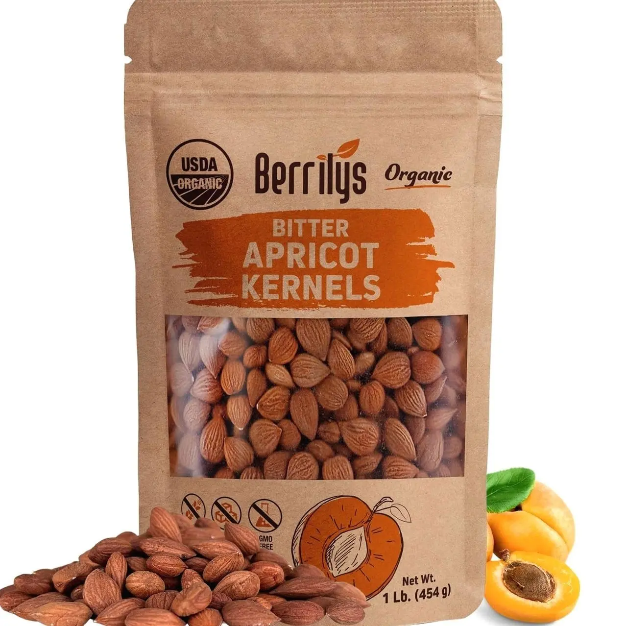 Berrilys Organic Bitter Apricot Kernels - USDA Certified Organic Bitter Apricot Seeds - Natural & Non-GMO, Premium Quality Kernals, No Sulfur or Additives - 16 oz