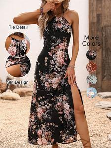 women's all over floral print split thigh tie back cami dress, fashion bohemian casual sleeveless halter neck long dress for beach holiday vacation, ladies summer clothes, womenswear