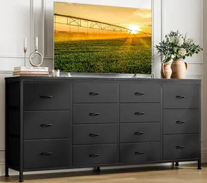 63 In Black Wooden-Construction TV Console Cabinet, TV Stand Dresser with 14 Fabric Drawers, Power Outlet and Anti-Tip Kit for Bedroom and Living Room