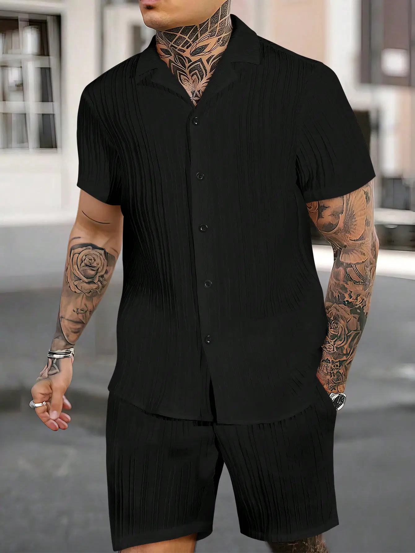 Men's 2 piece set - Men Solid Color Summer Button Up Shirt and Shorts Set for Beach & Casual funny shirts vintage summer clothes men gifts 90s vintage men clothing dad gifts vintage clothing country boy clothes men clothing vacation outfits Gamis Bestie