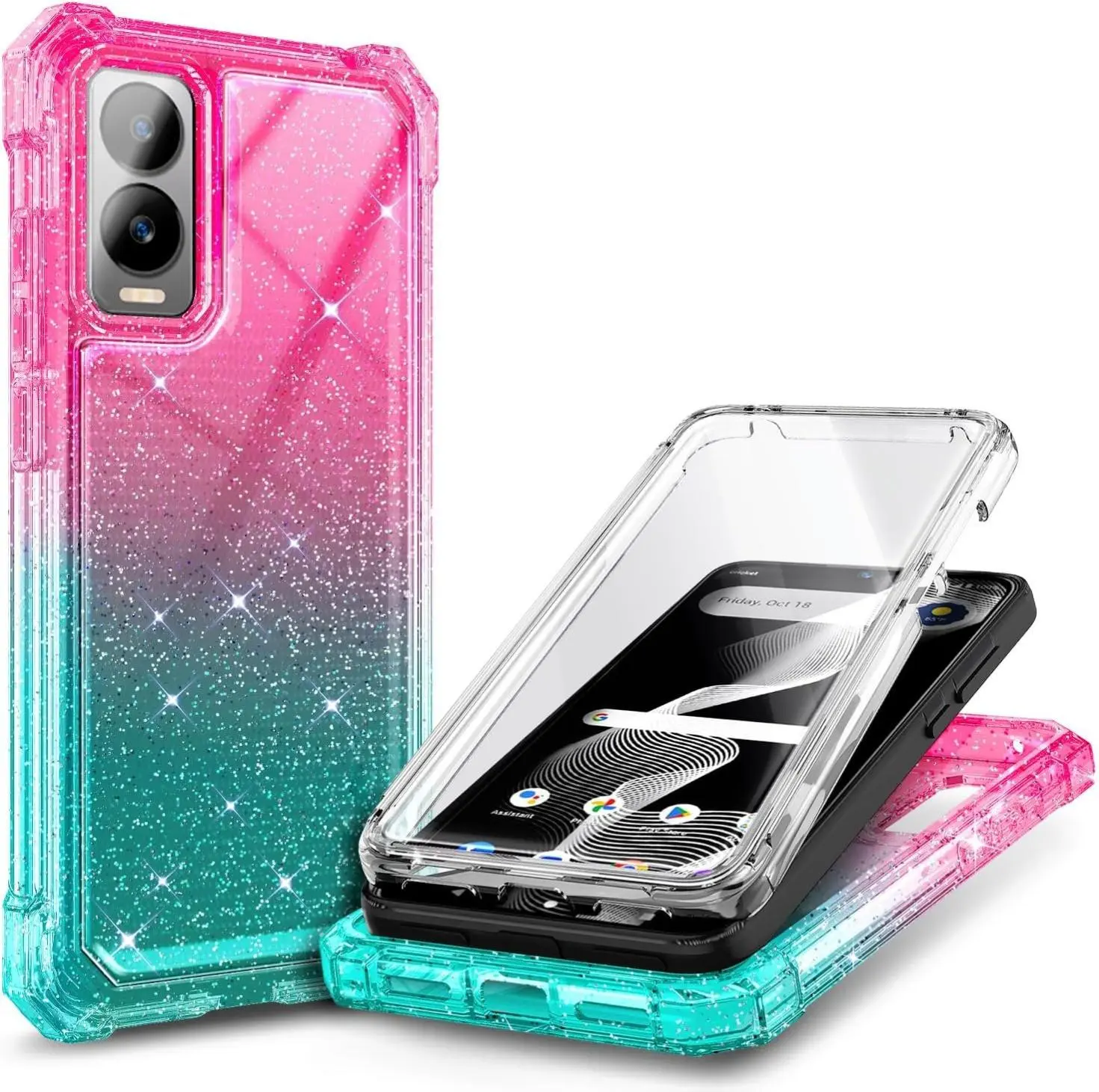 Cricket Debut S3 Case (U572AC), AT&T Vista 2 (2024 U572AA) with [Built-in Screen Protector], [9FT Military Grade Drop Tested] Full-Body Protective Shockproof Bumper Case (Glitter Pink/Aqua) Flash Cellphone