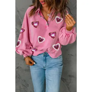 Heart Sequin Half Snap Mineral Wash Sweatshirt