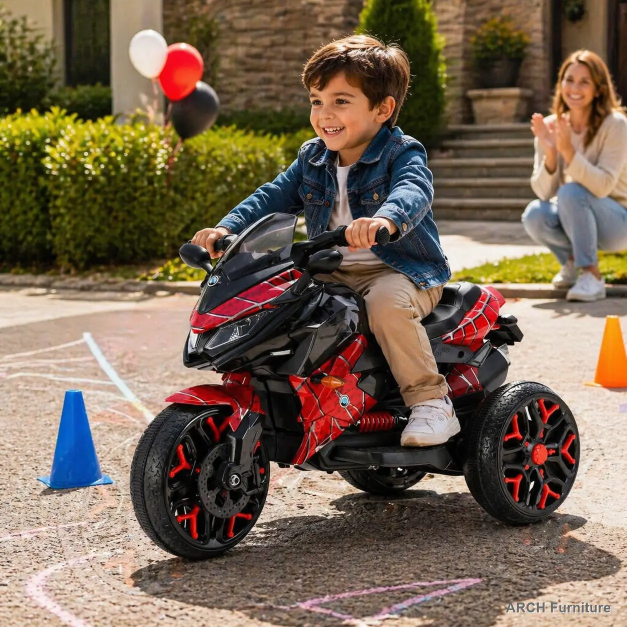 12V ARCH Kids Electric Ride-On Tricycle Motorcycle Toy for 3-6 Years Old, Outdoor Play, Training Wheels, Manual Throttle, Hand Drive, Light-Up Wheels, Music, PU Seat, Realistic Design, Wireless Phone Compatible