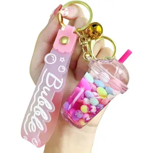 Luminous Lovely Summer Colourful Bean Bubble   Milk  Cup Keyring Moving Sand Key Chain Ring Bag Pendant