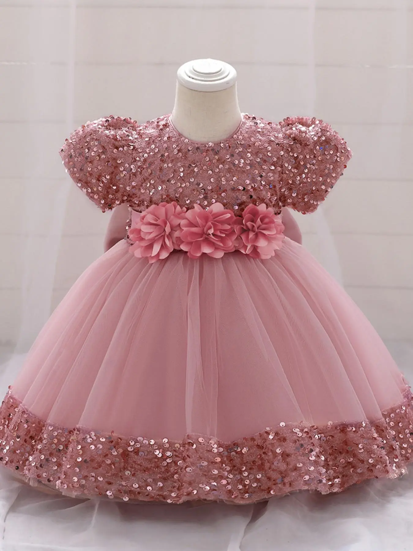 Toddler Girl's Glitter Sequins Appliques Big Bow Zipper Back Tulle Dress, Elegant Round Neck Puff Sleeve Satin Party Tutu Dress for Wedding Guest Part