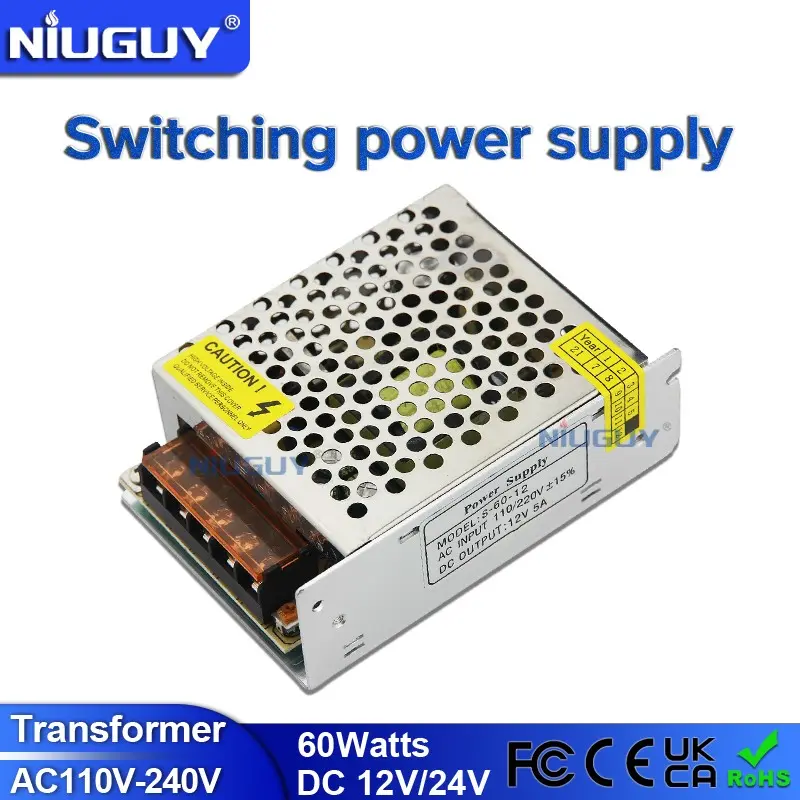 60W Switching Power Supply, AC to DC12V 5A/DC24V 2.5A regulated power supply, LED lighting-LED light strip low voltage transformer, Power supply for automation equipment, electricians, computer instruments, etc.