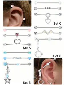 Unisex Stainless Steel Industrial Barbell Flat Back Stud Earrings, 14 Gauge Plain Design, Heart Pattern, Street Style Body Jewelry, Versatile Choice for All Seasons