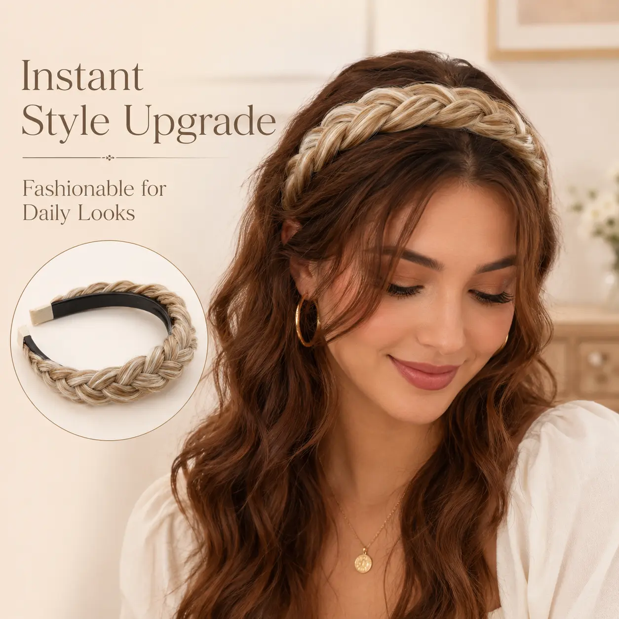 Trendy Sandy Gold Braided Headband, Wide Stretch Hairband for Women and Girls, Soft Boho Hair Accessory for Summer, Beach, Travel & Casual Wear