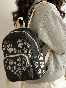 1 piece of white paw print pattern 2D printed lady's Casual Backpack, corduroy texture + layered storage + light weight reduction | perfect for students to go to class/stroll out for shopping/travel for short trips | combines atmosphere with practicality
