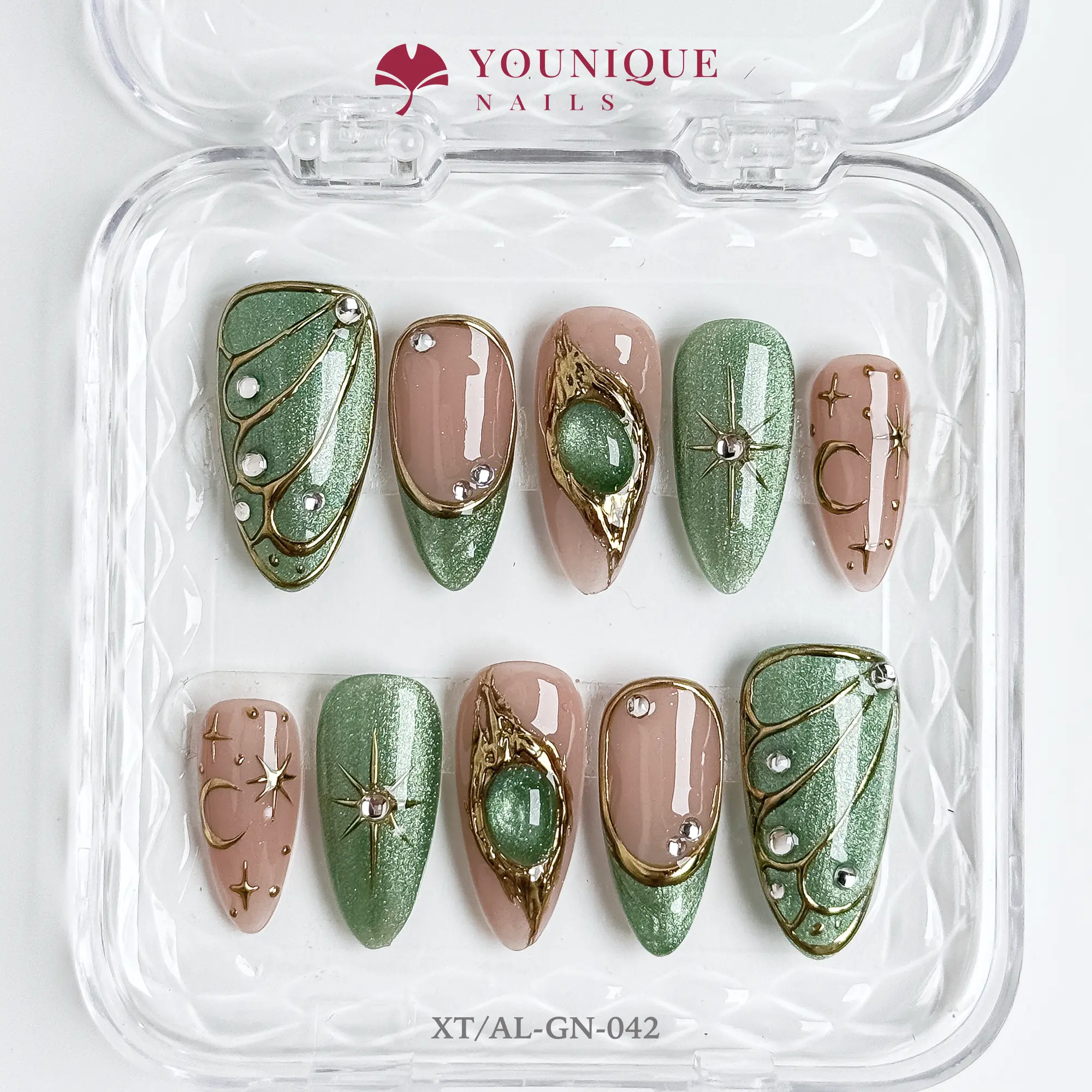 Younique Nails | XT Studio | Emerald Glow | 10PCS 100% Handmade Press-On Nails | Reusable Colorful Art acrylic