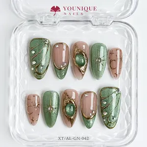 Younique Nails 2025 | XT Studio | Emerald Glow | 10PCS 100% Handmade Press-On Nails | Reusable Colorful Art acrylic
