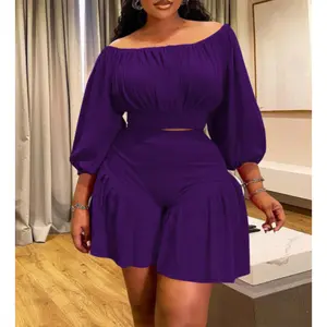 Plus Size Two Piece Set Women Summer 2026 |   Off Shoulder Pleated Top & Shorts |   XL-5XL Plus Size Loungewear