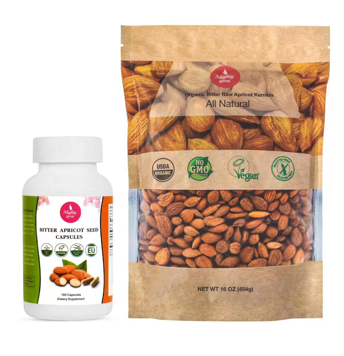 Mighty Apricot Bitter Apricot Kernels 1LB (16oz) & Apricot Seed Capsules 180 Capsules - Natural Source of Vitamin B17, Vegan, Gluten-Free, Turkey - Nut, Protein