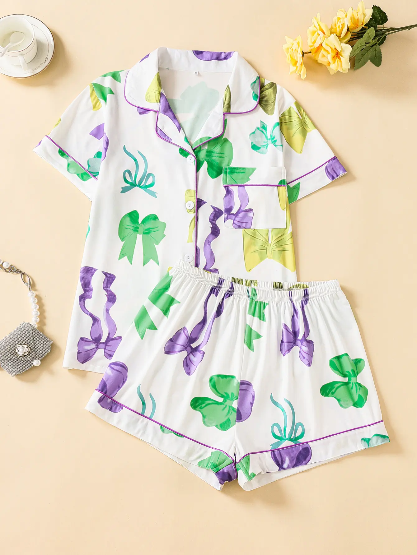 Pajama Sets Women, Cute Soft Knit V-Neck Loungewear, 2 Piece Set with Split Hem Short Sleeve Top and Shorts