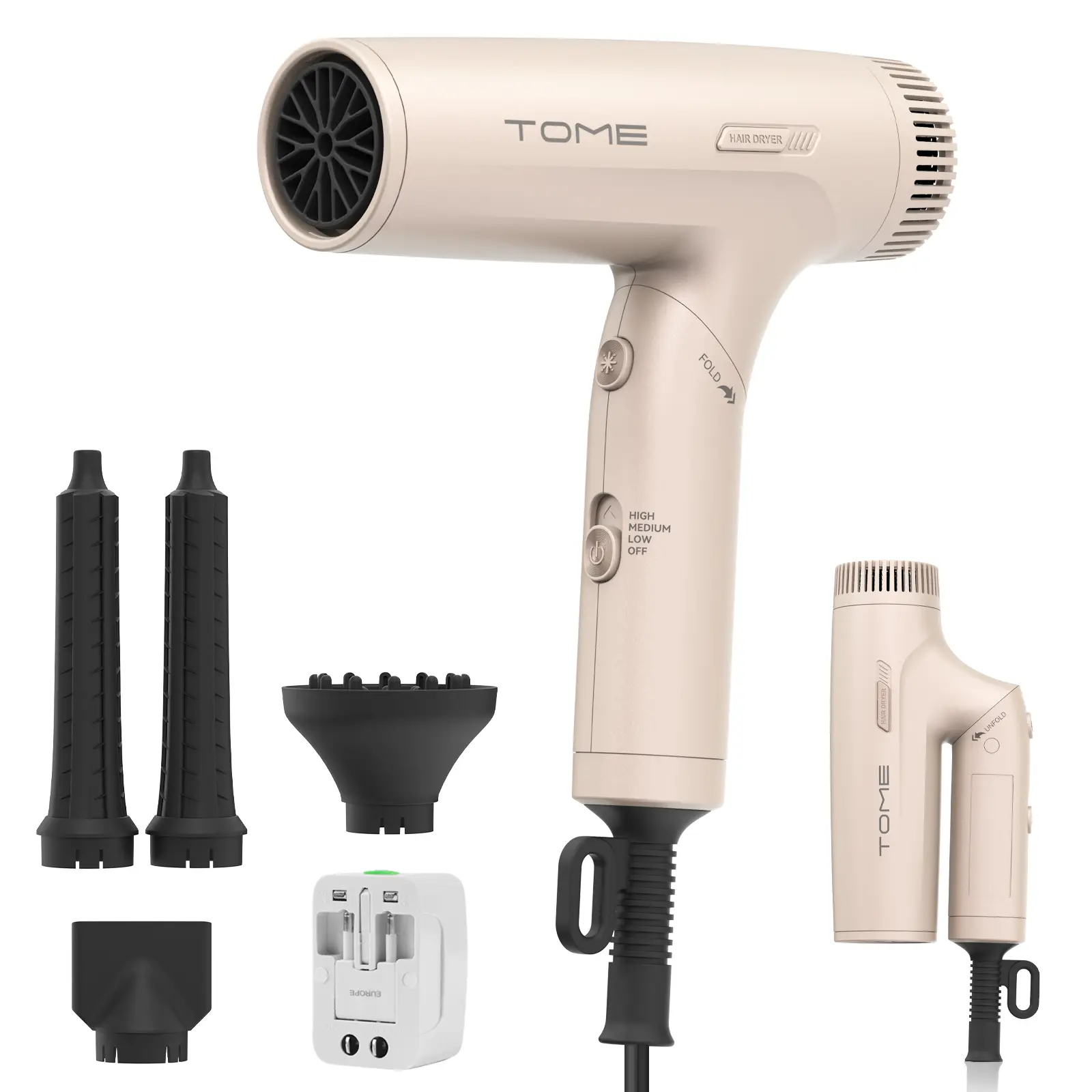 TOME Dual Voltage Travel Blow Dryer,Fold & Go,1200W, 120-240V Universal Adapter, Concentrator Nozzle, Diffuser, Air-Powered Wrap Wands, Smoothing Pouch Included,Hair Styling & Global Use