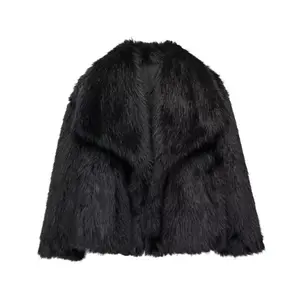 Women’s faux fur coat, winter fluffy short jacket, warm and fuzzy oversized jacket, thick-collar fully lined short jacket, with side pockets GARMENTARY