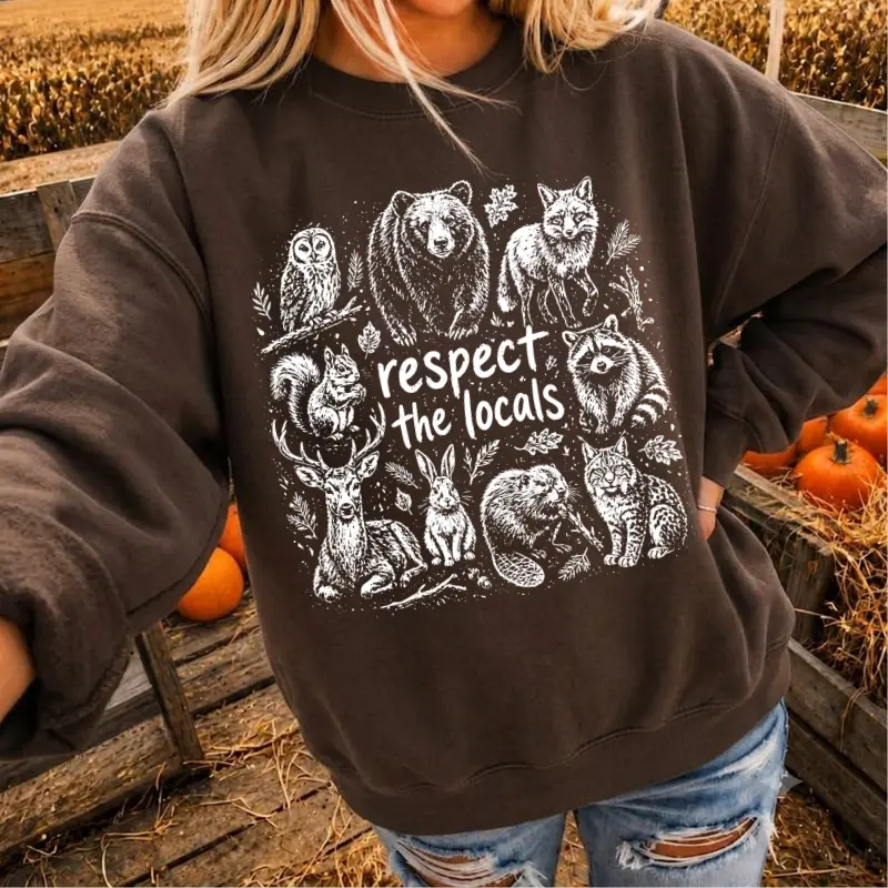Respect The Locals Wildlife Sweatshirt, Forest Animal Sketch Crewneck, Nature Lover Graphic Shirt, Camping Hiking Outdoor Shirt, Woodland Wildlife Gift, Hunting Cabin Gift