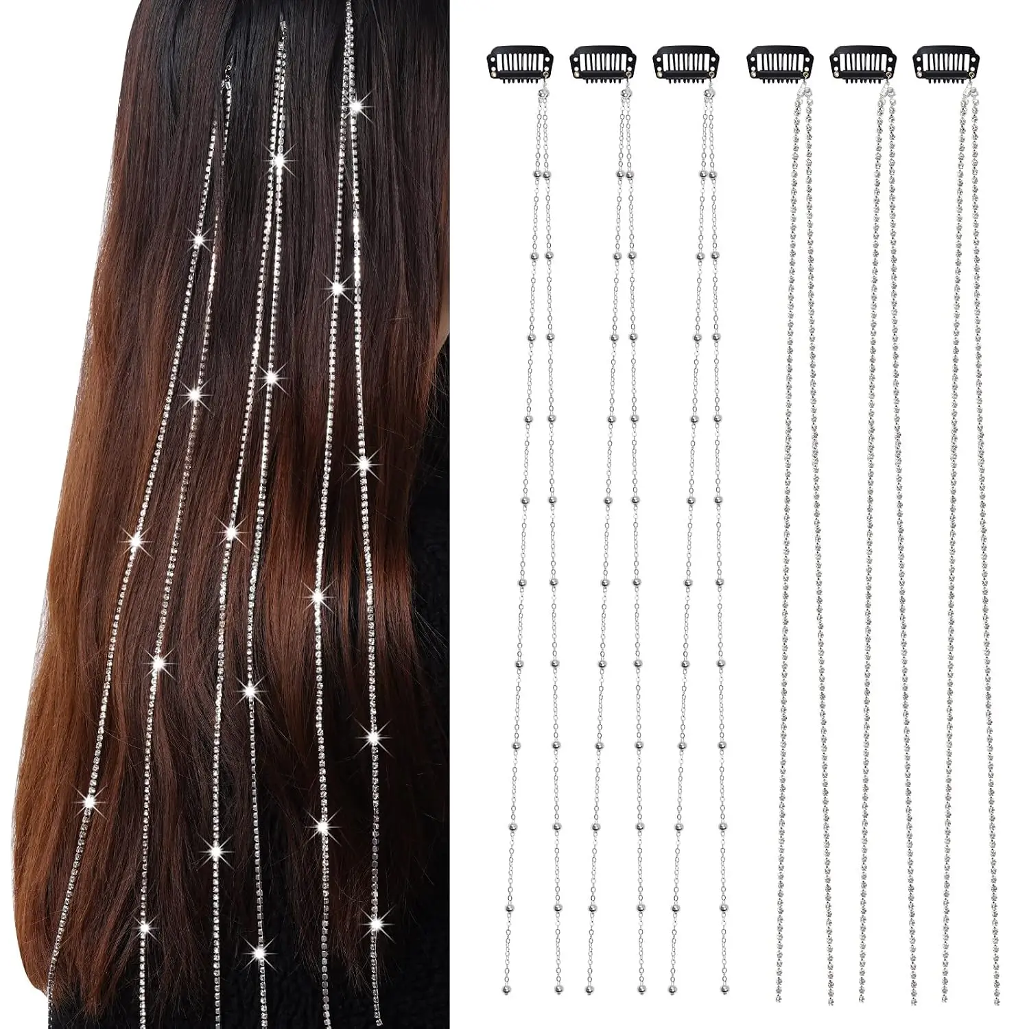 6Pcs Hair Jewelry for Braids Rhinestone Hair Chains Clip In Bling Tassel Hair Charms Accessories for Women Girls