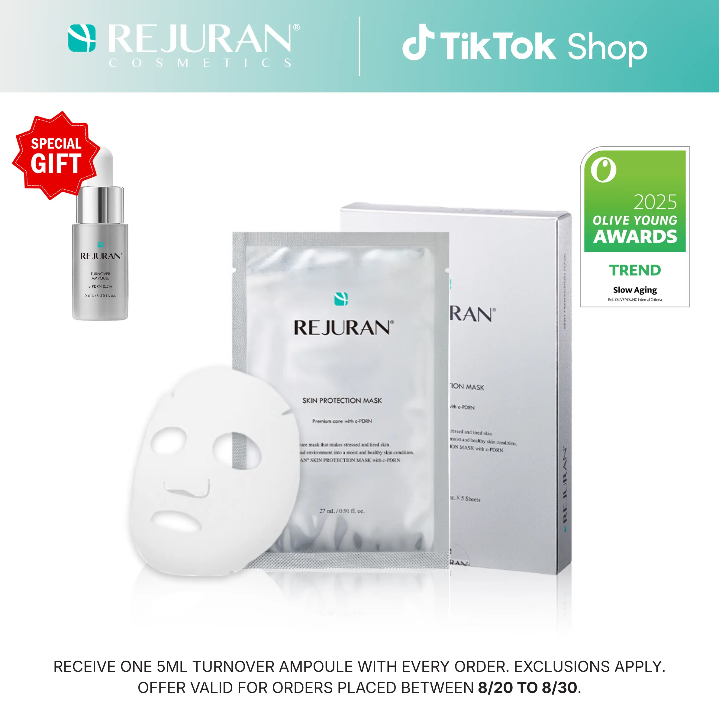 REJURAN Skin Protection Mask, c-PDRN – Hydrating and Soothing Facial Sheet Mask for Irritated, Stressed, Repairs & Restores Skin Barrier with Panthenol & Allantoin, Korean Skin Care (5-Pack)