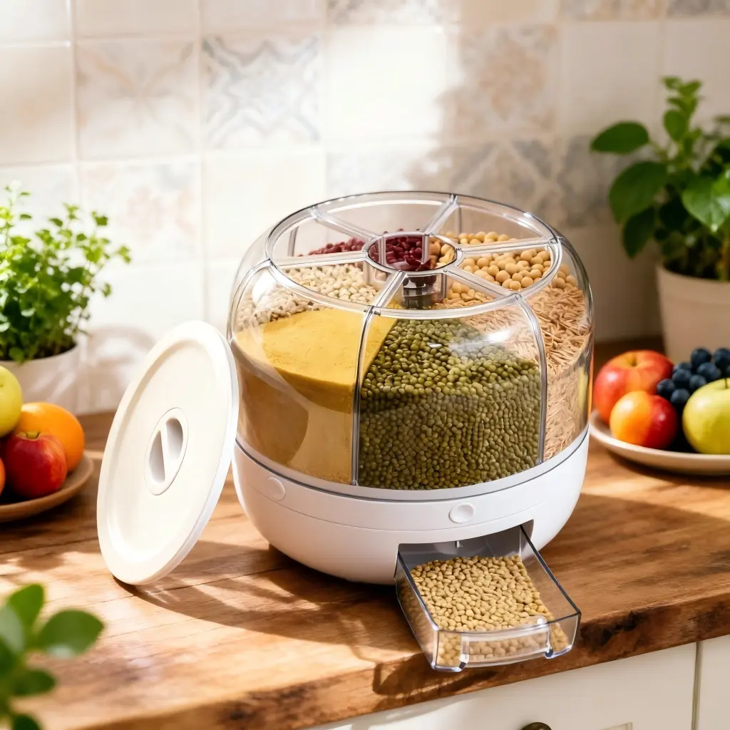 Space-Saving & Aesthetic – 6-Grid 360° Rotating Grain Container, One-Click Dispenser for Rice, Beans & Small Grains Only