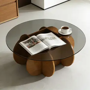 Modern Round Coffee Table for Living Room 31.5 x 31.5 x 15.7 Mid Century Center Table with Tempered Glass Top and Wood Walnut Finish