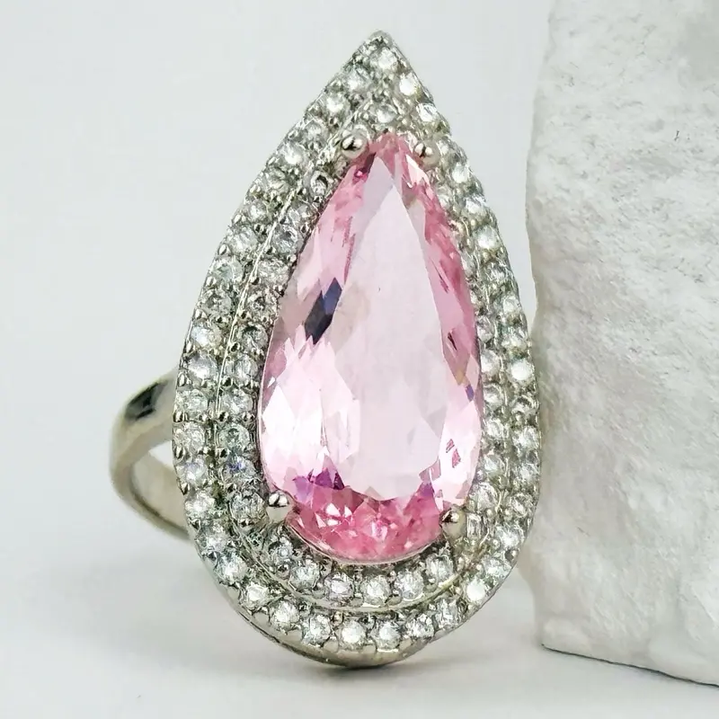 Pink Stardust | Pink Kunzite Pear Cut Halo Statement Ring | 925 Sterling Silver | Size 6.5
