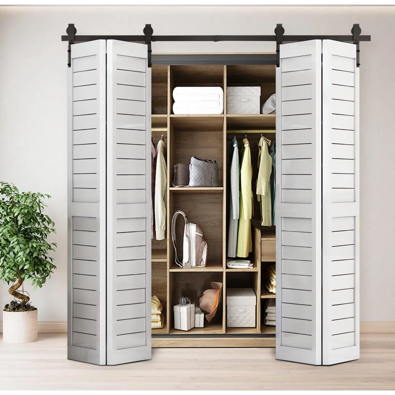 60" Rust-Proof Bi-Folding Sliding Barn Door Hardware Kit for 4-Panel Use - Black J-Shape Track, Smooth & Quiet Rollers - [Doors Not Included], Rust-Proof Sliding Doors