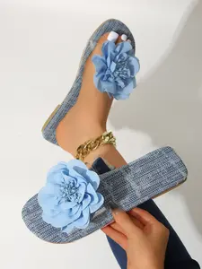 Women's Floral Fashion Summer Sandals, Leopard Print Blue Slippers, Casual Outdoor Shoes, Textile Upper, Rubber Sole, Less Than Ankle Height