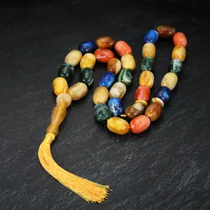 Chemical-Free 33-Piece Oval Acrylic Prayer Beads Necklace, Retro Ethnic Style, Multi-Color Large Beads with Tassel, Unisex Luxury Costume Jewelry, Ramadan Gift
