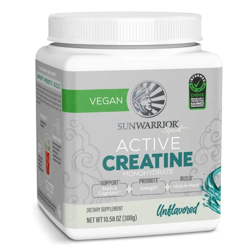 Sunwarrior Active Creatine Monohydrate Protein Powder Pre Workout Post Workout Creatine Powder, Unflavored 300g, 60 Servings