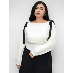 Cider Knit Boat Neck Bowknot Sweater Curve & Plus