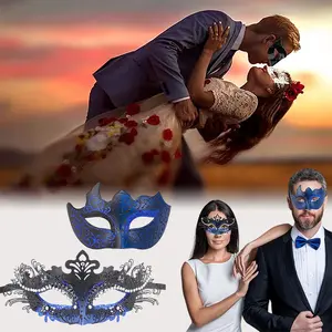 2 Pieces Masquerade Masks Couples, Blue Masquerade Mask Set, Breathable Bright Blue Party Mask for Couples Women Men, Shiny Couple Masks for Ball Mardi Gras Halloween