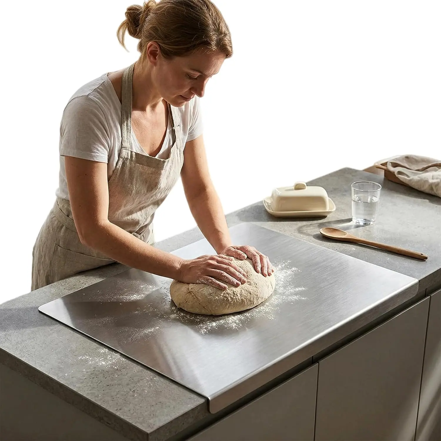 Stainless steel chopping board with non-slip flat surface. Durable and multi-purpose, suitable for home cooking and camping kitchen use, practical metal cutting board.