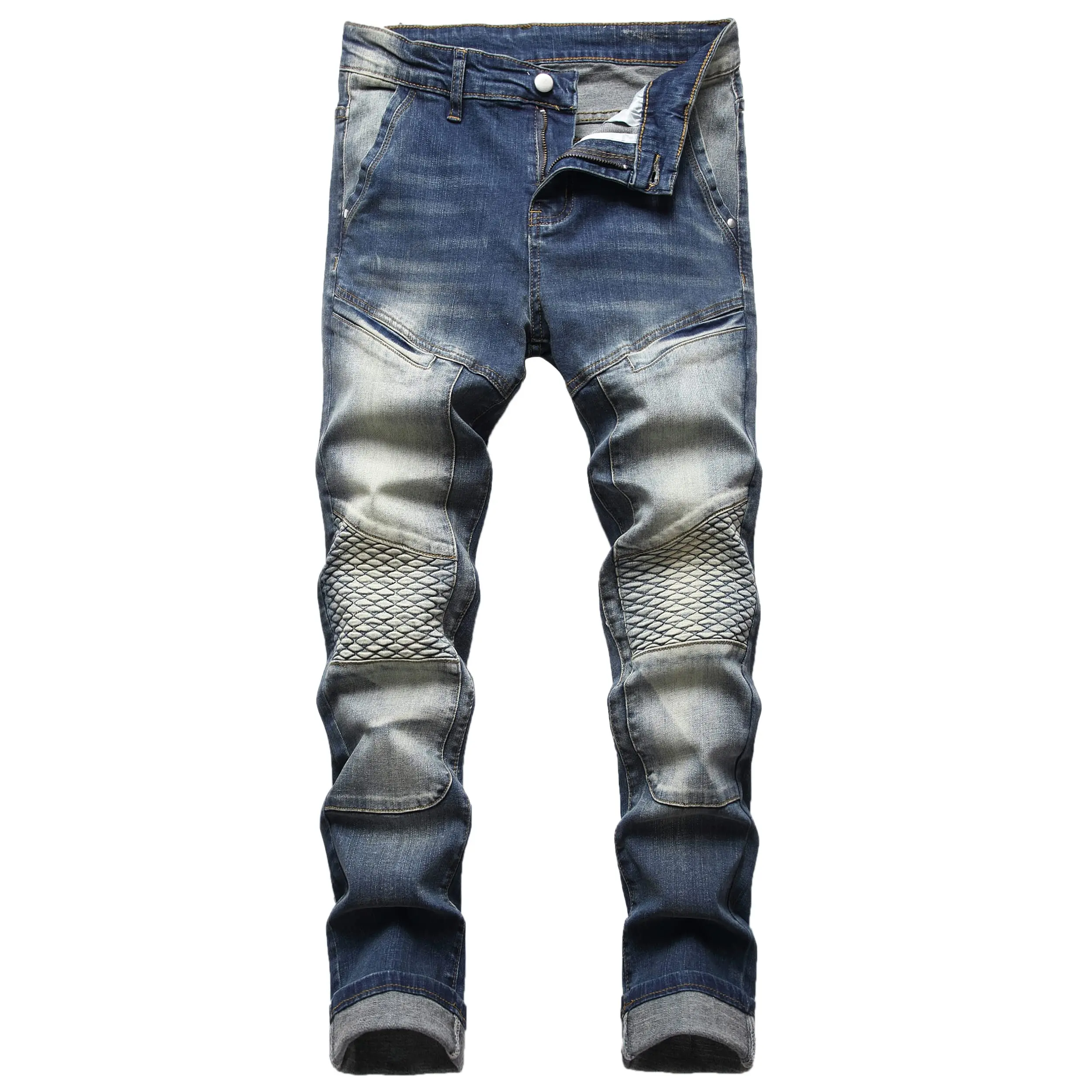 JUNBAOSS Men's Cotton Fabric Biker Jeans - Zipper Deco, Slim Fit Stretch, Ripped Skinny, Straight Leg, Comfort Flex Waist, Plain Pockets, Street Style Hipster Clothes, Slimfit Men's Jeans, Straight-Leg Men's Jeans