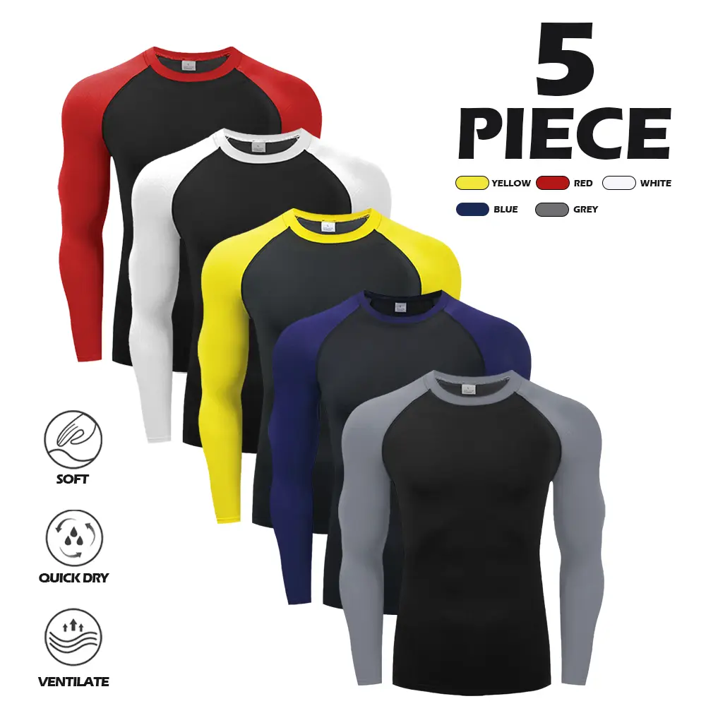 Men's 5-Pack Long Sleeve Compression Shirts – Quick Dry, Breathable & Soft Athletic Tops for Gym, Running & Training (Black Base with Color Block Sleeves)