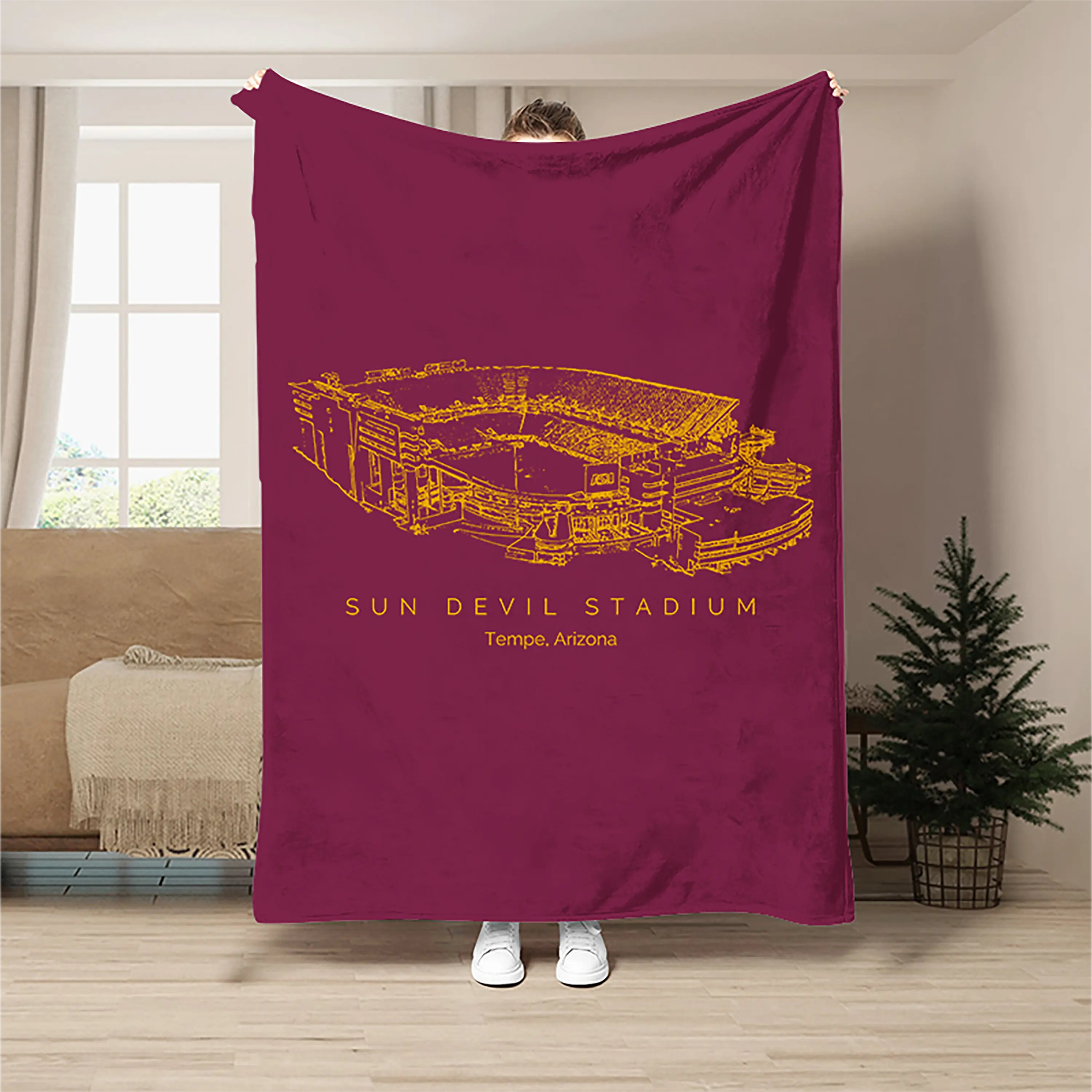 Sun Devil Stadium Flannel Blanket - Arizona State Football Throw - ASU Fan Gift - Tempe Game Day Blueprint Decor
