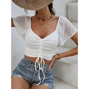 Drawstring Short Sleeve Crop Top