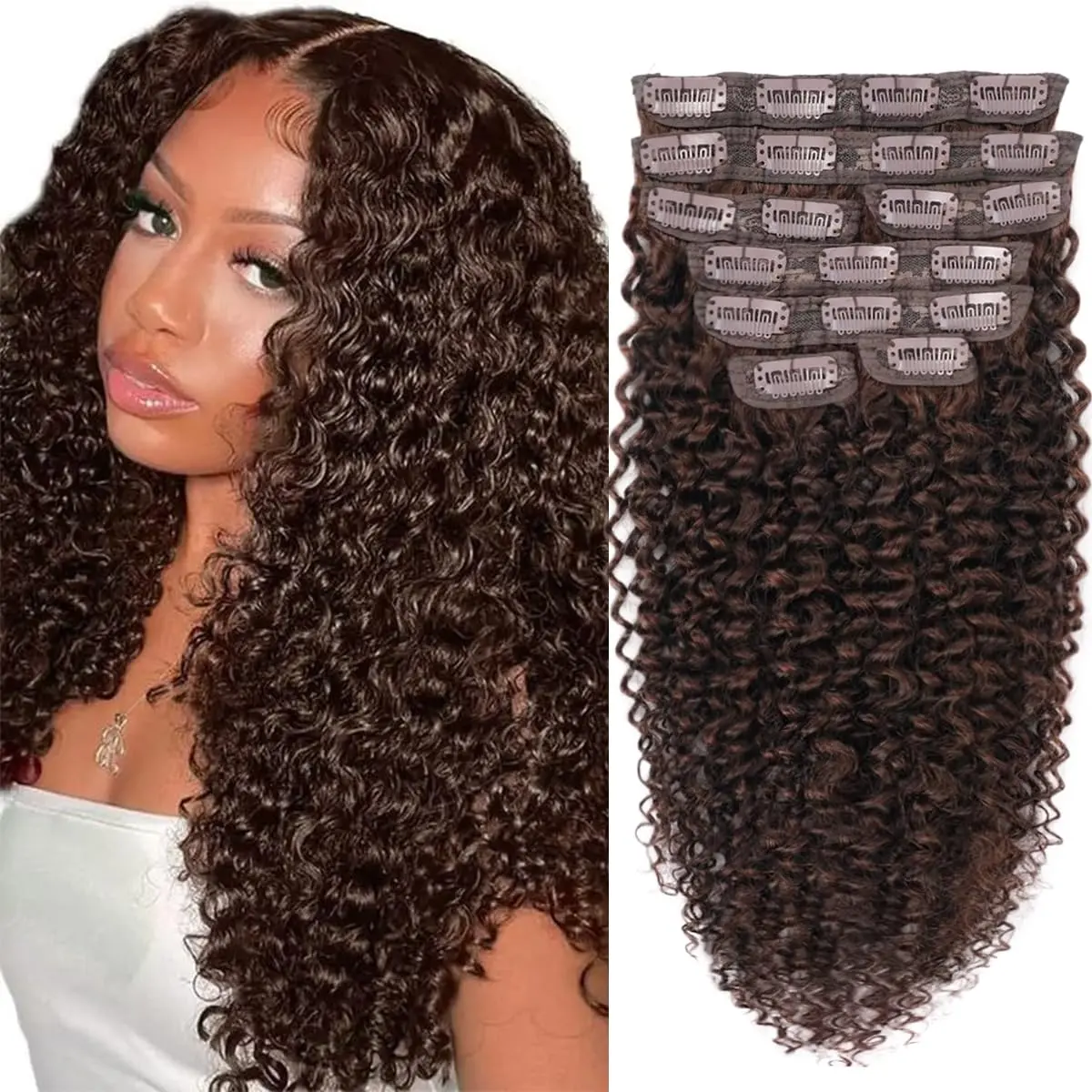 Chocolate Brown Curly Clip Ins 100g 8pcs 3C 4A Kinky Curly Clip In Hair Extensions Real Human Hair Full Head for Women 100% Brazilian Remy Human Hair Extensions Natural Color with 20 Clips #4