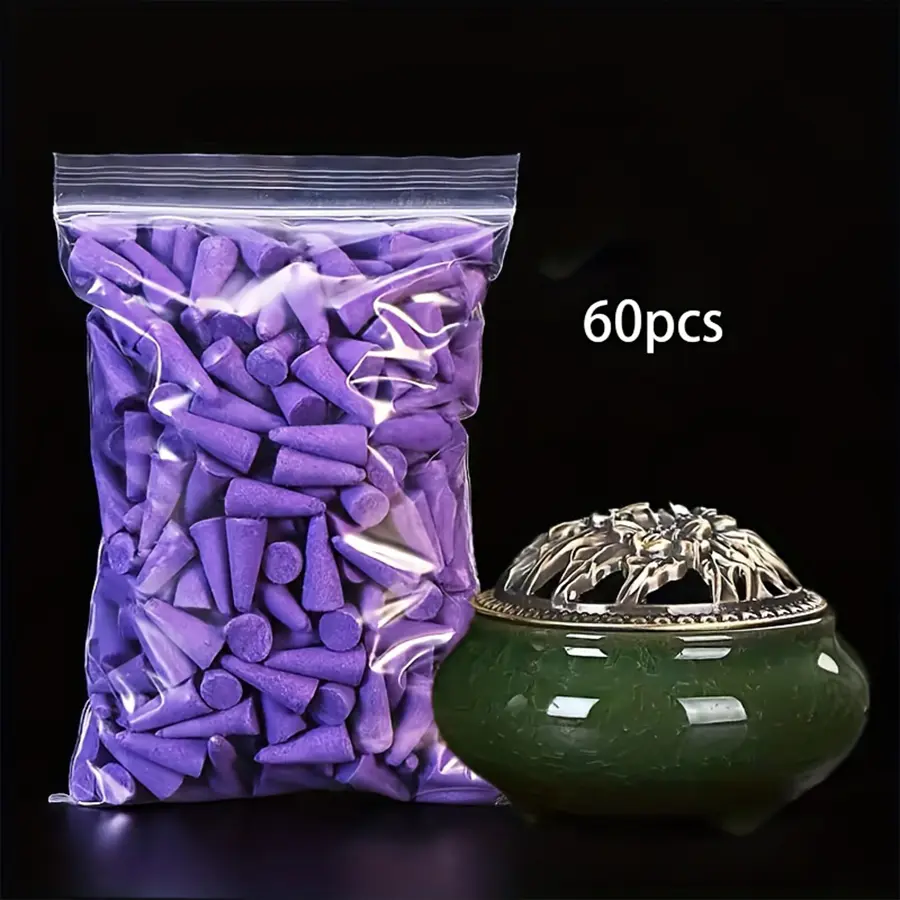 60pcs Lavender Scented Incense Cones - Multicolor Tea Smoke Flavor, Home Pagoda Aromatherapy Cones, Mixed Fragrance Deodorant, Calming Home Fragrance, Aromatic Scents for Cleaning, Meditation, Yoga, Meditation Accessories|Elegant Packaging|Scented Coils