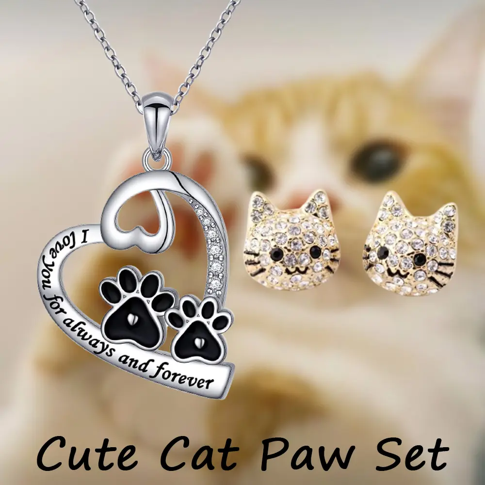 Cute Cat Paw Print Jewelry Set for Women, 3-Piece Dainty Alloy Necklace and Earrings, Hypoallergenic Fashion Gift for Christmas, Birthday & Everyday Wear, Animals