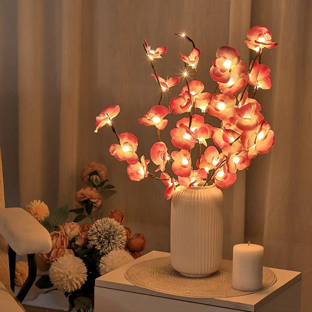 Pink Orchid Twig Lights - 30" Artificial Phalaenopsis Branch with 20 LEDs Battery Operated for Vase Home Wedding & Party Decor Soft Pink Hues Battery Powered