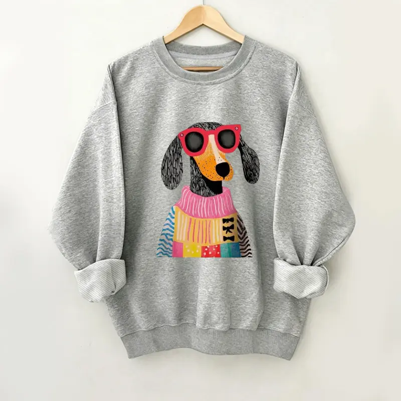 Women's Casual Baggy Dog Graphic Sweatshirt, Breathable Long Sleeve Pull On Round Neck Top, Comfortable Cotton Blend Fabric