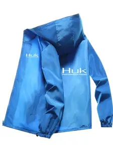 Men's Fashionable Huk Letter Print Jacket, Casual Hooded Design, Zipper Pockets, Polyester Material, Spring & Fall Wear, Fitted Style