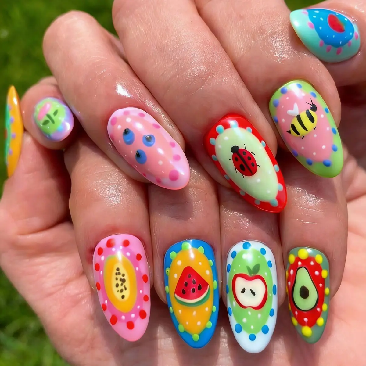 24pcs Press-On Nails Set Includes Jelly Glue & File, Cartoon Fruit Insect Design,Almond Shape False Nails, Watermelon Apple Avocado Ladybug Bee Press on Nails, Stick on Nails, Pressed On Nails