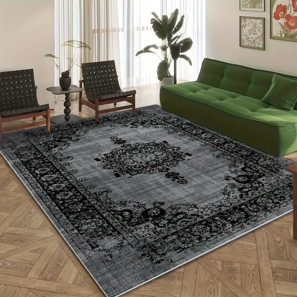 Large Bohemian-Style Living Room Rug in Black Velvet Vintage Print Area Rug Soft and Comfortable, Slip-Resistant and Wear-Resistant Machine Washable Suitable for Bedrooms, Living Rooms, Dorms, Cottages, Dining Rooms, Entryway Mats, Home Decor Rugs