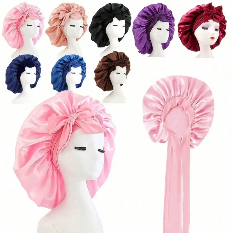 Silky Satin Sleep Bonnet For Women Adjustable Bow Ties Luxurious Hair Protection Cap For Curly Natural Hair Multi Color Soft Nighttime Hair Care Essential Shower Cap Barber Salon Beauty Travel Back To School Hair Accessories