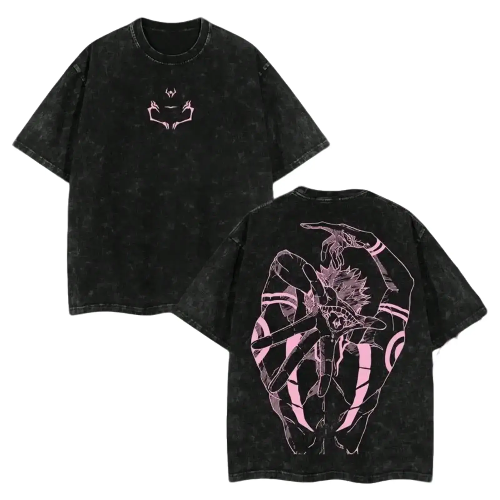 Men's Oversized Retro Limited Ryomen Sukuna Signature Jujutsu Kaisen Double-Printed Round Neck Casual Graphic Tee - Washed Ribbed Seamless Short-Sleeve Soft Cotton Otaku Menswear, Anime Fans' Summer Gift for Boyfriends, Men's Graphic Tees, Otaku Style