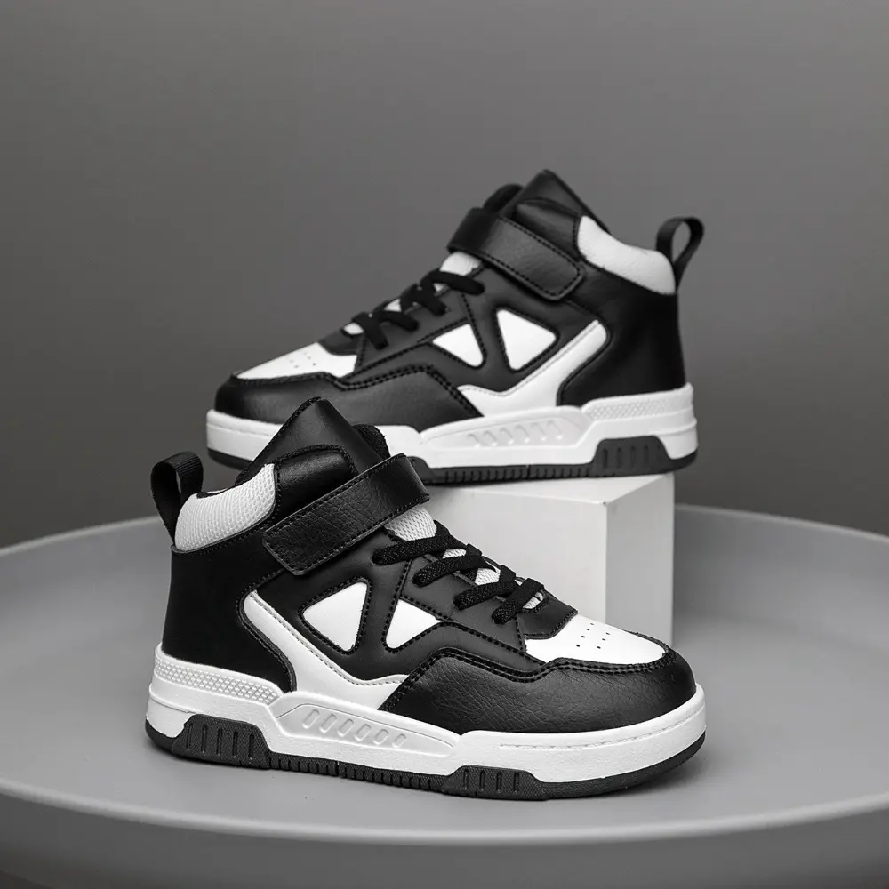 Boys' Black High-Top Sports Shoes - 1 Pair All-Year Comfortable Soft Casual Sneakers for Older Kids, Suitable for Girls, Round Toe, Sports Look, Daily Use